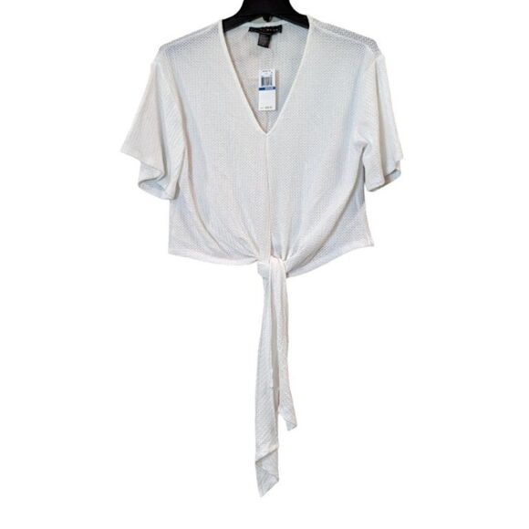 Polly & Esther Womens Size M Cream Short Sleeve Waffle Knit Tie Pullover Top - Picture 1 of 8